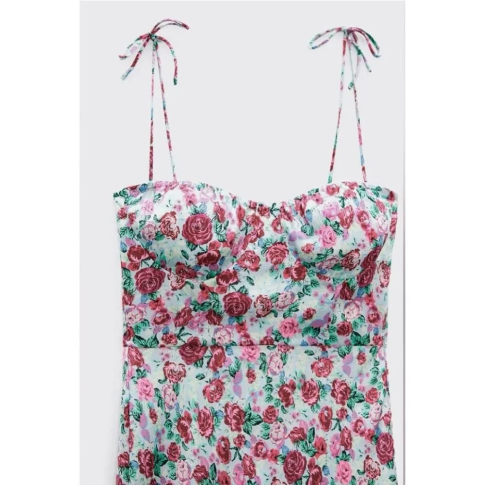 ZARA Floral Print Slip Dress Pink Blue Satin  | Size M - Picture 10 of 10